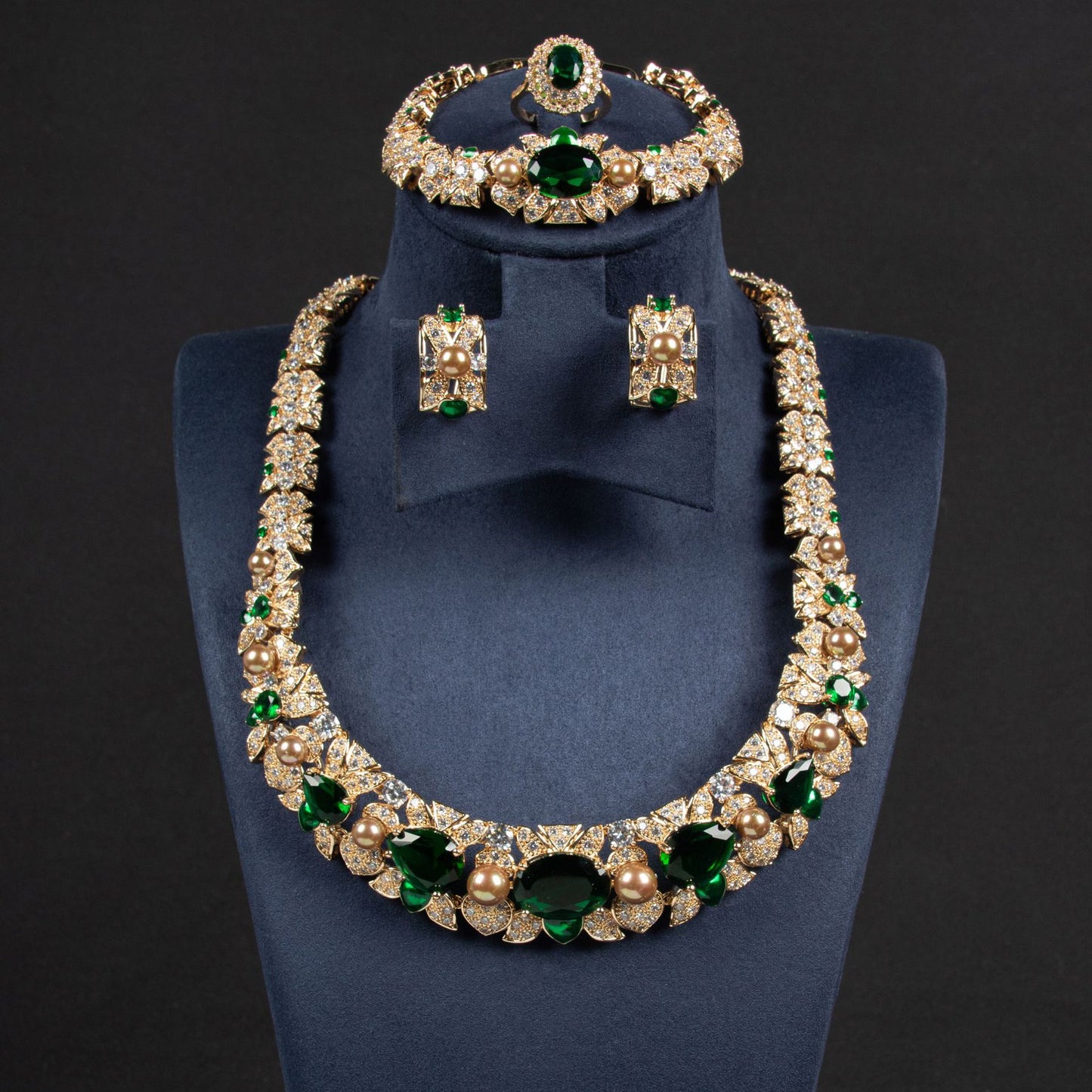 Full Diamond Necklace Earrings Ring Bracelet Four-piece Set Zircon Color Treasure Diamond Collar Bridal Set
