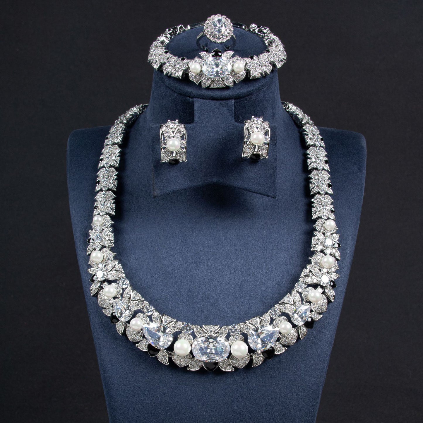 Full Diamond Necklace Earrings Ring Bracelet Four-piece Set Zircon Color Treasure Diamond Collar Bridal Set