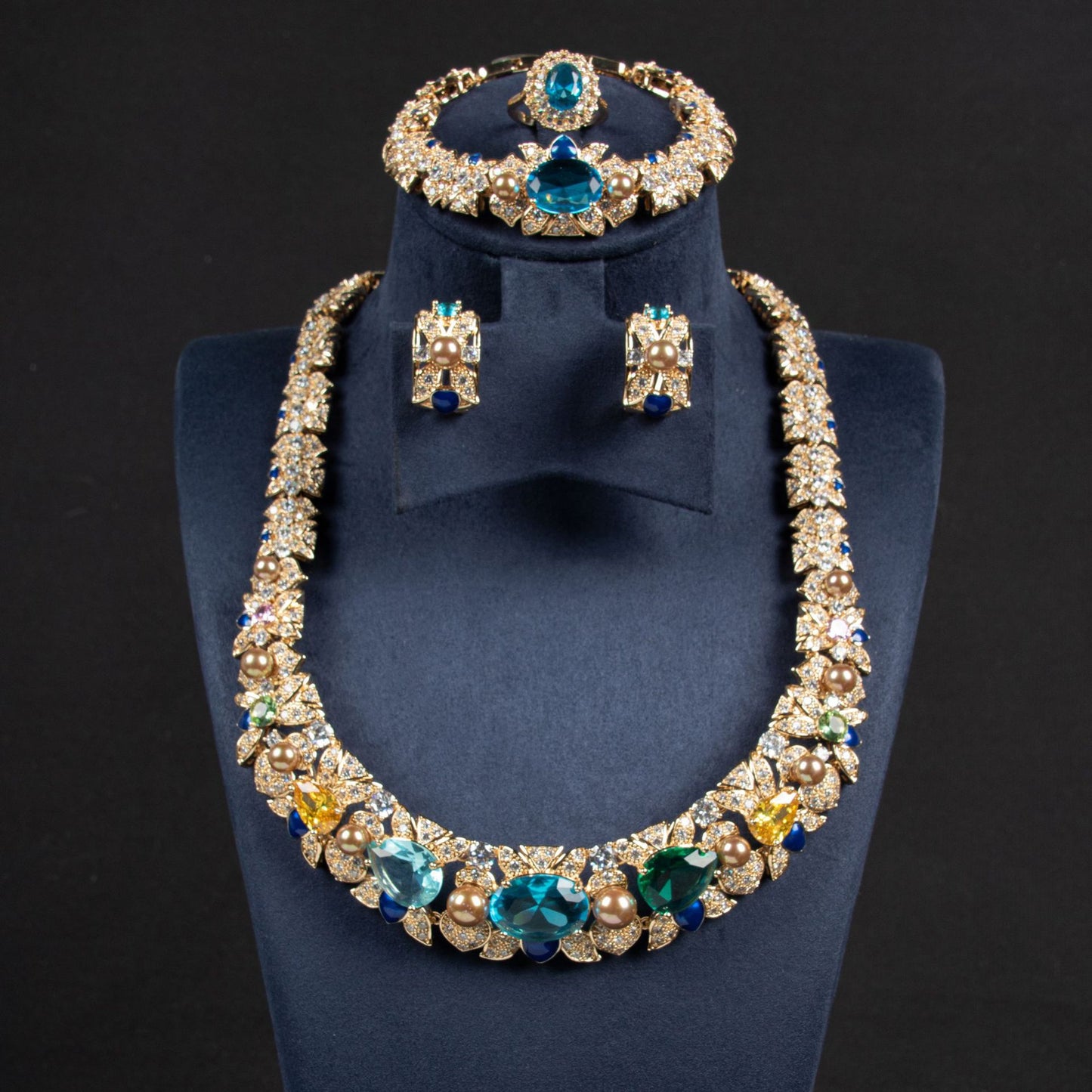 Full Diamond Necklace Earrings Ring Bracelet Four-piece Set Zircon Color Treasure Diamond Collar Bridal Set