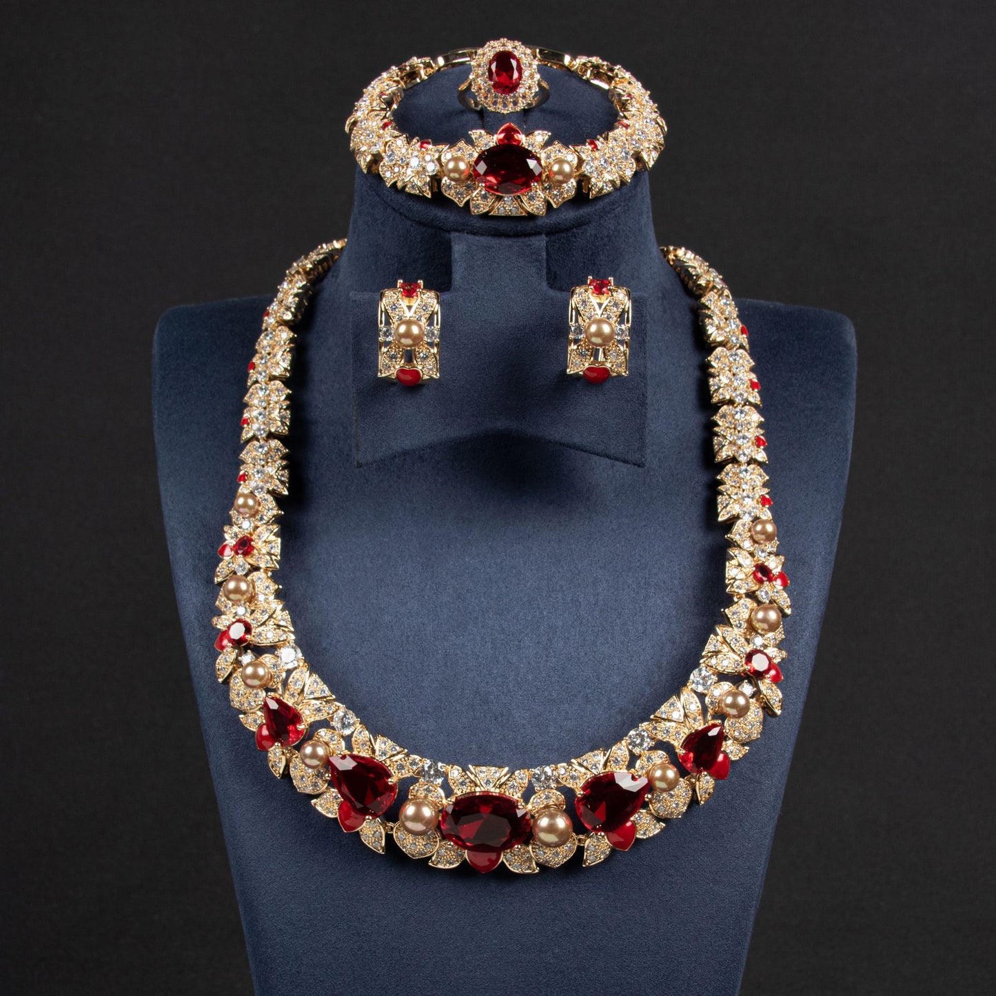 Full Diamond Necklace Earrings Ring Bracelet Four-piece Set Zircon Color Treasure Diamond Collar Bridal Set