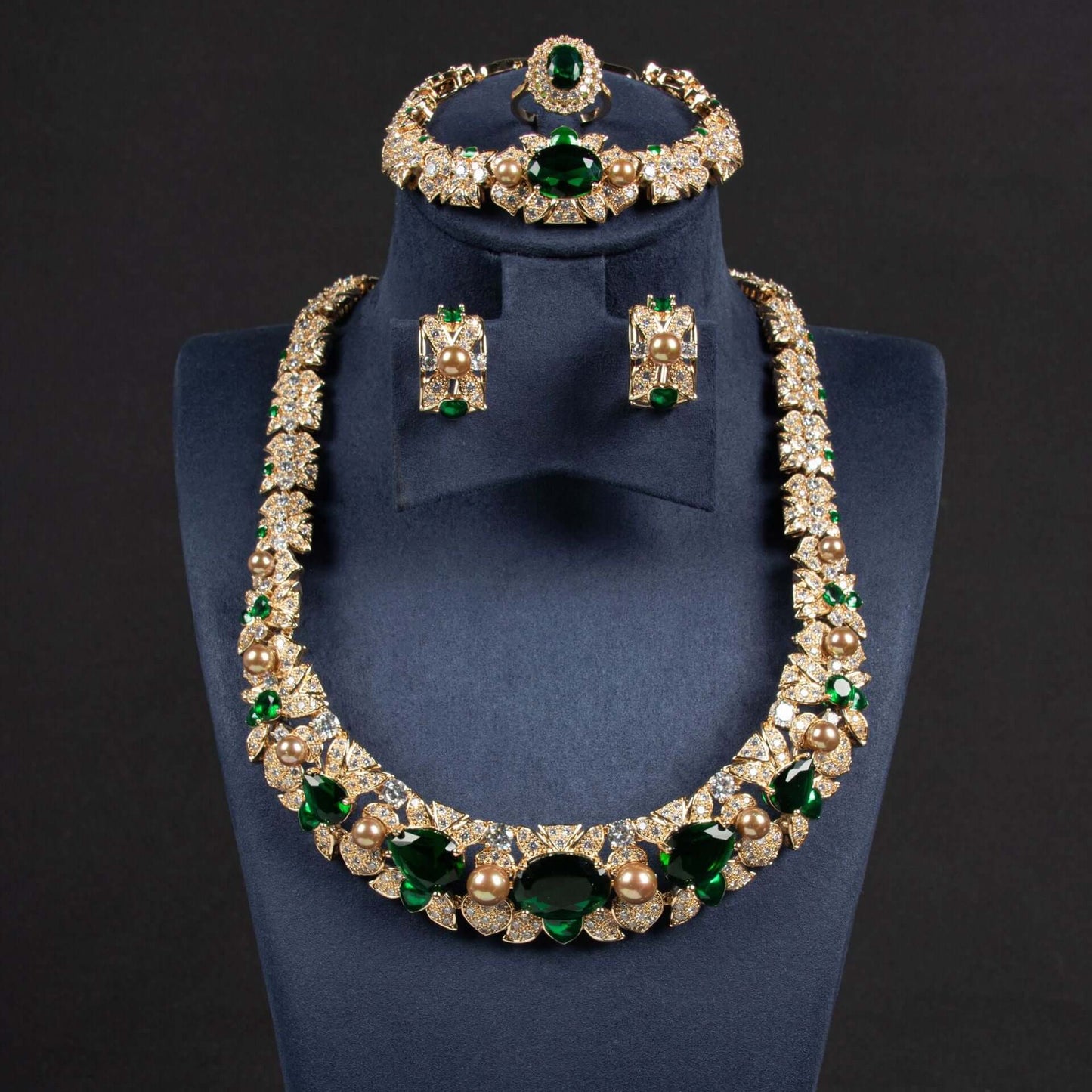 Full Diamond Necklace Earrings Ring Bracelet Four-piece Set Zircon Color Treasure Diamond Collar Bridal Set