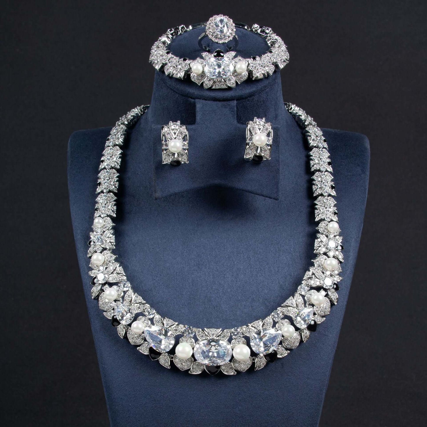 Full Diamond Necklace Earrings Ring Bracelet Four-piece Set Zircon Color Treasure Diamond Collar Bridal Set