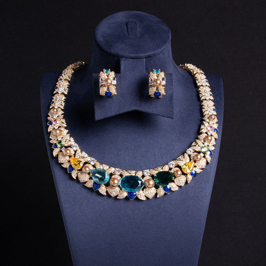 Heavy Industry Irregular Geometric Square Full Zircon Necklace Premium Temperament Set Jewelry