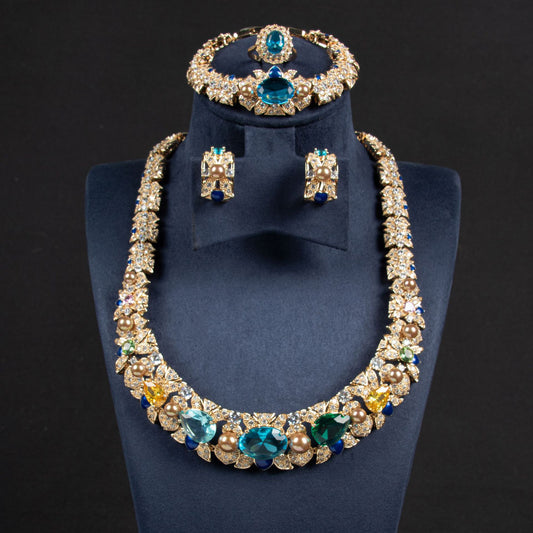 Full Diamond Necklace Earrings Ring Bracelet Four-piece Set Zircon Color Treasure Diamond Collar Bridal Set
