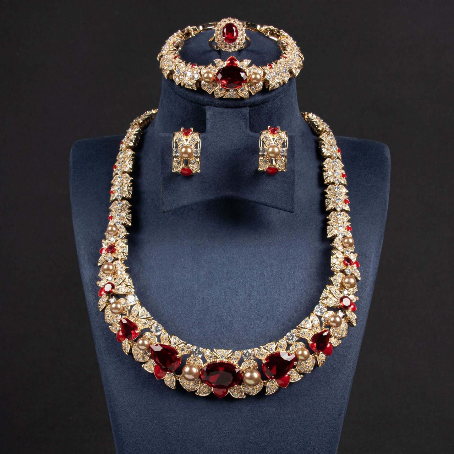 Full Diamond Necklace Earrings Ring Bracelet Four-piece Set Zircon Color Treasure Diamond Collar Bridal Set