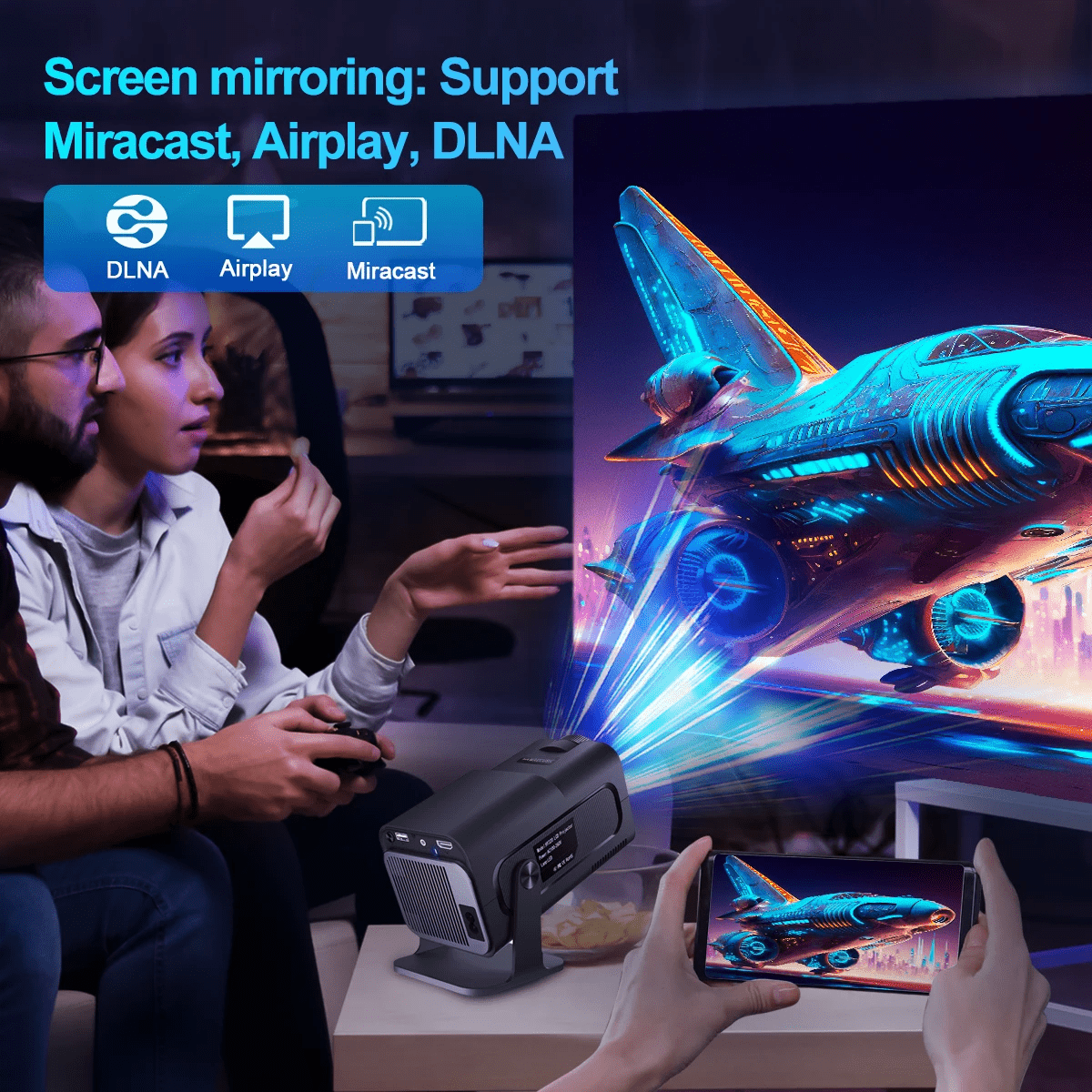 HY320 Native 1080P Smart WiFi Projector with Bluetooth, 4K Supported Mini Projector, Auto Vertical Keystone, 5W Speaker, 180° Rotatable Home Theater Projector for Bedroom Movies, Gaming and Soccer Nights